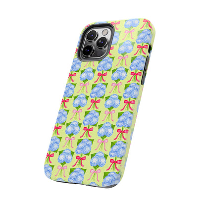 Watercolor Blue Hydrangea Bouquets with Hot Pink and Light Pink Bow Ribbons Illustrated Pattern Yellow Tough Phone Case | Various Models