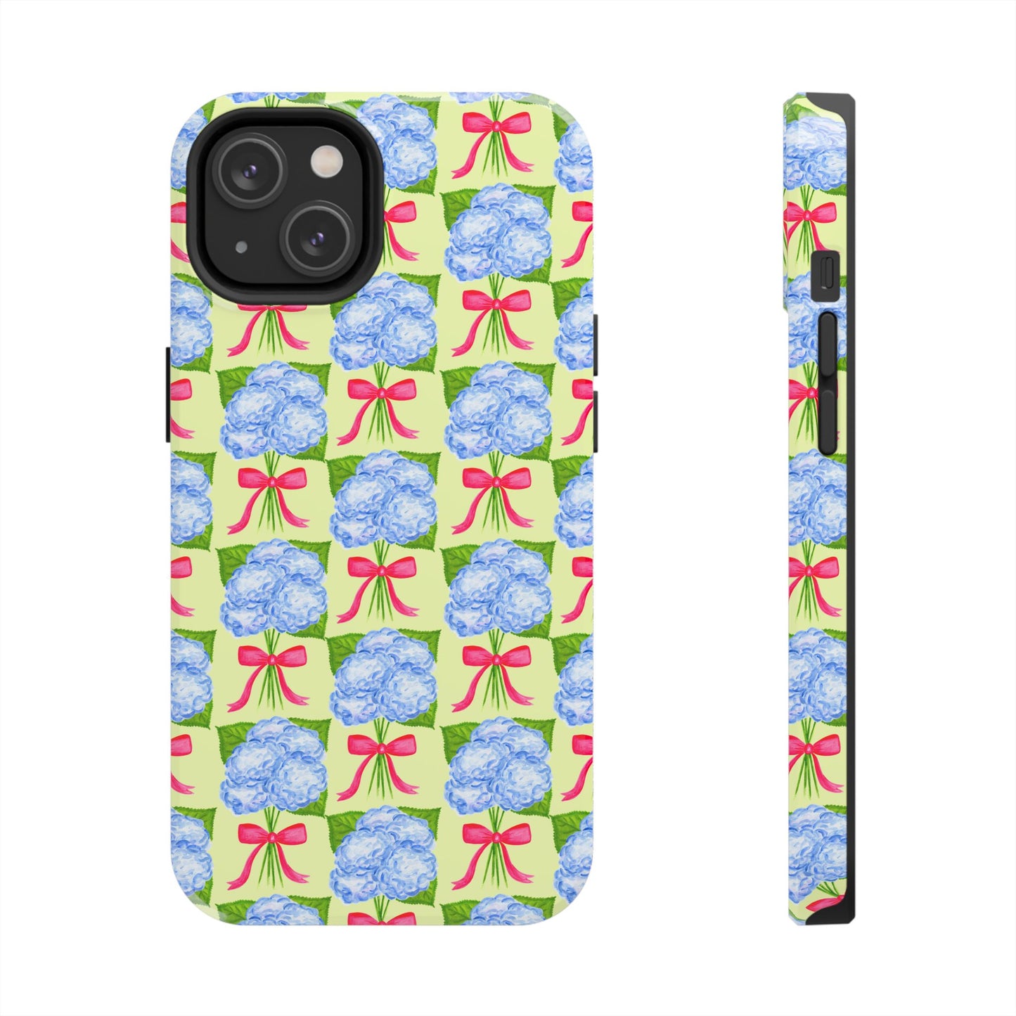 Blue Watercolor Hydrangea Bouquets with Hot Pink Bows Illustrated Patterned Yellow Preppy Grand Millenial Tough Phone Case | Various Models