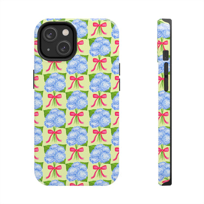 Blue Watercolor Hydrangea Bouquets with Hot Pink Bows Illustrated Patterned Yellow Preppy Grand Millenial Tough Phone Case | Various Models