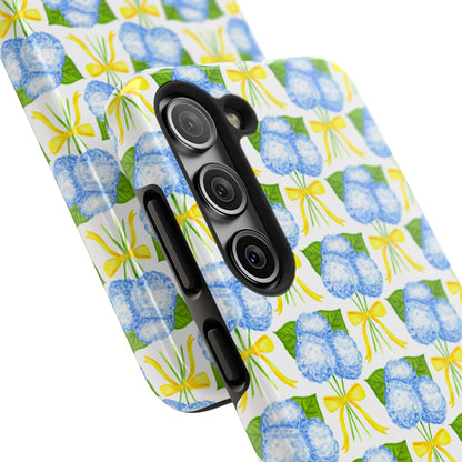 Blue Hydrangea Bouquets with Yellow Bow Ribbon Watercolor Illustrated Patterned Tough Phone Case | Various Models