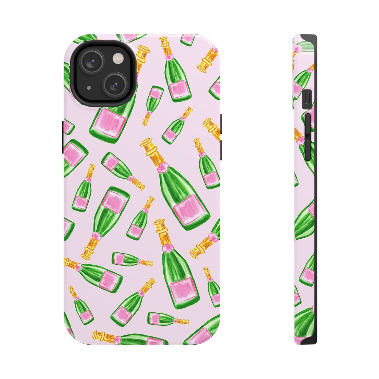 Tossed Pink and Green Watercolor Illustrated Champagne Bottles Pattern Blush Pink Tough Phone Case | Various Models