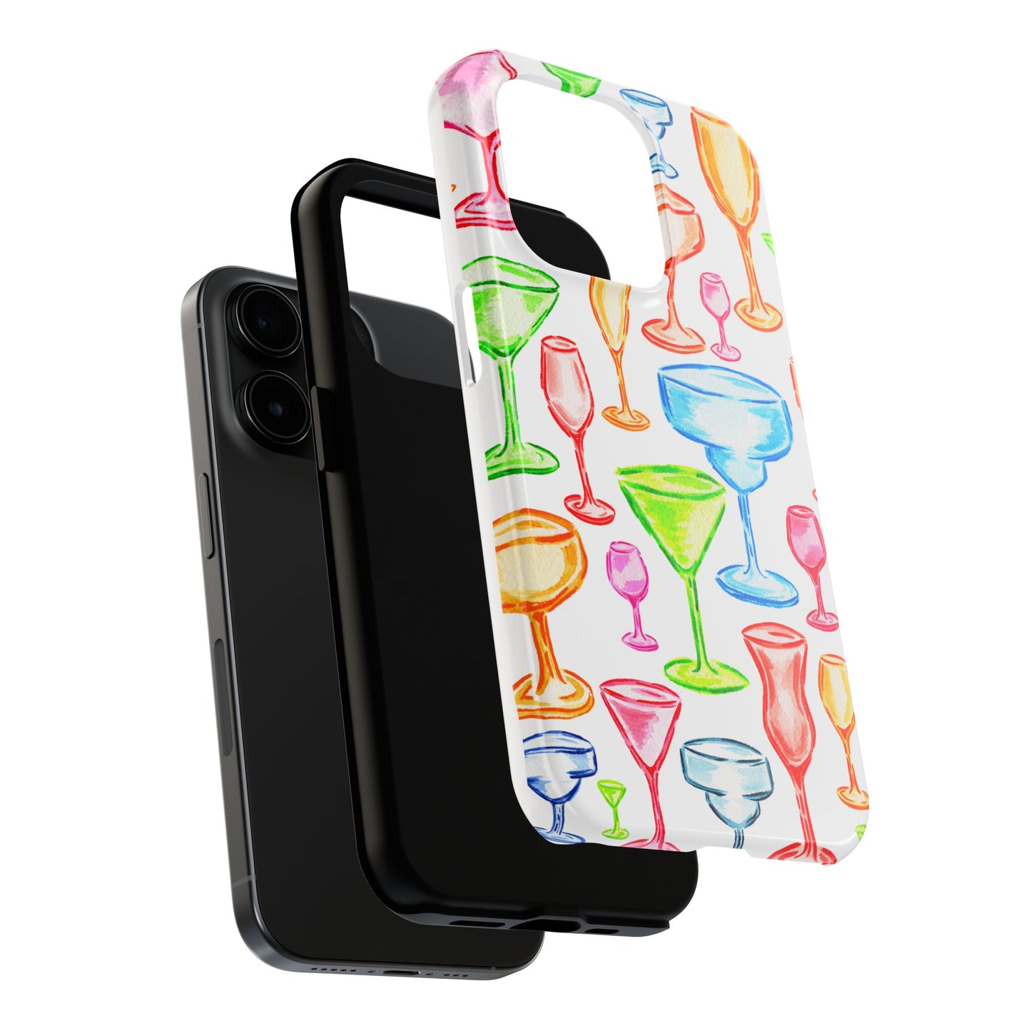 Monochromatic Margarita, Wine, Martini, and Champagne Flute Cocktail Glasses Watercolor Illustrated Tough Phone Case | Various Models Available