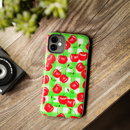 Red Tossed Cherries Green Gingham Watercolor Illustrated Tough Phone Case | Various Models Available
