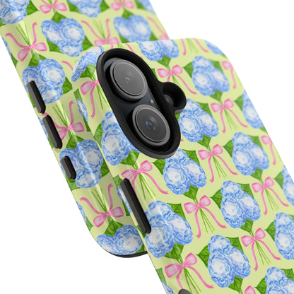 Blue Watercolor Hydrangea Bouquets with Light Pink Bows Watercolor Illustrated Patterned Yellow Tough Phone Case | Various Models