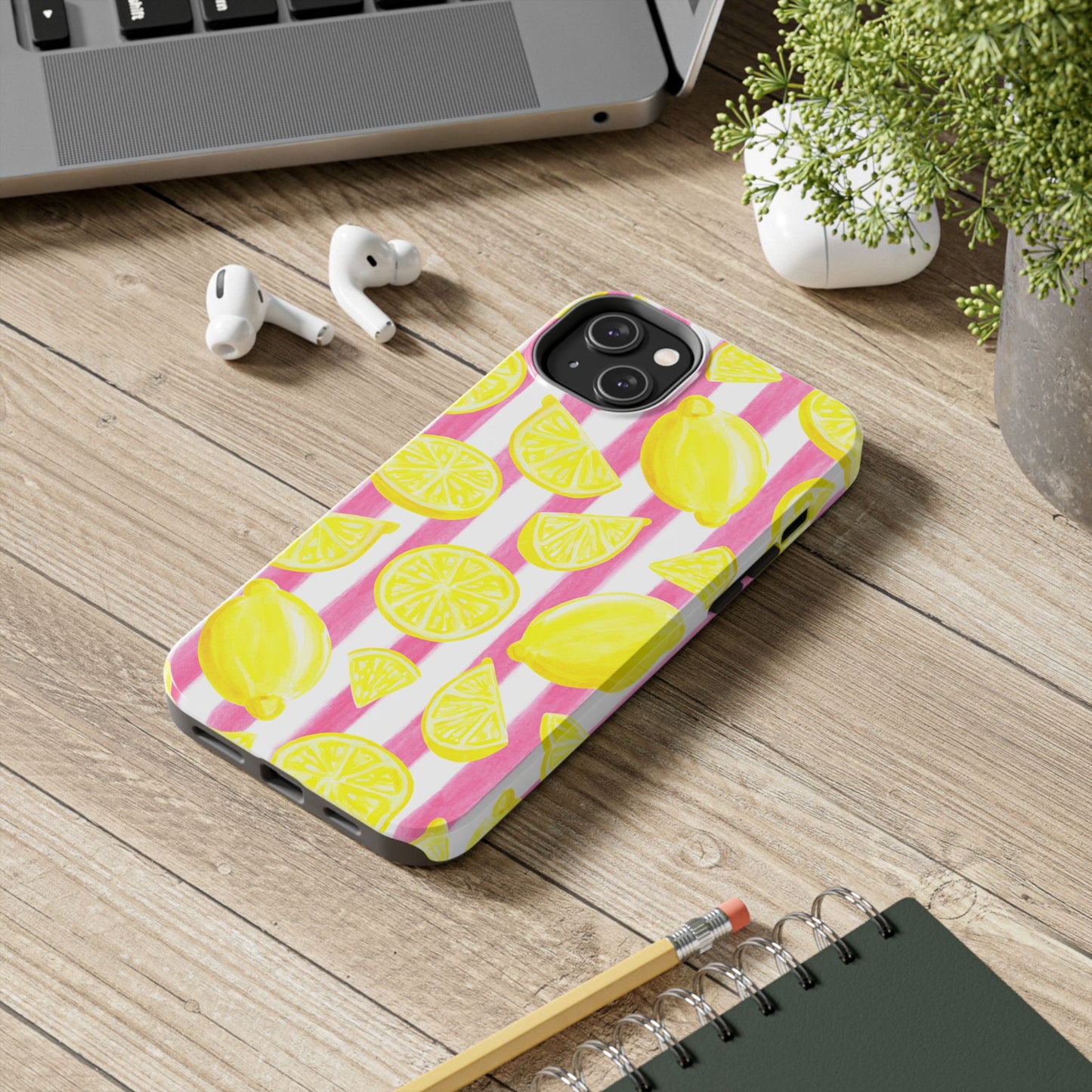 Pink Lemonade Yellow Lemons with Pink & White Watercolor Stripes Tough Phone Case