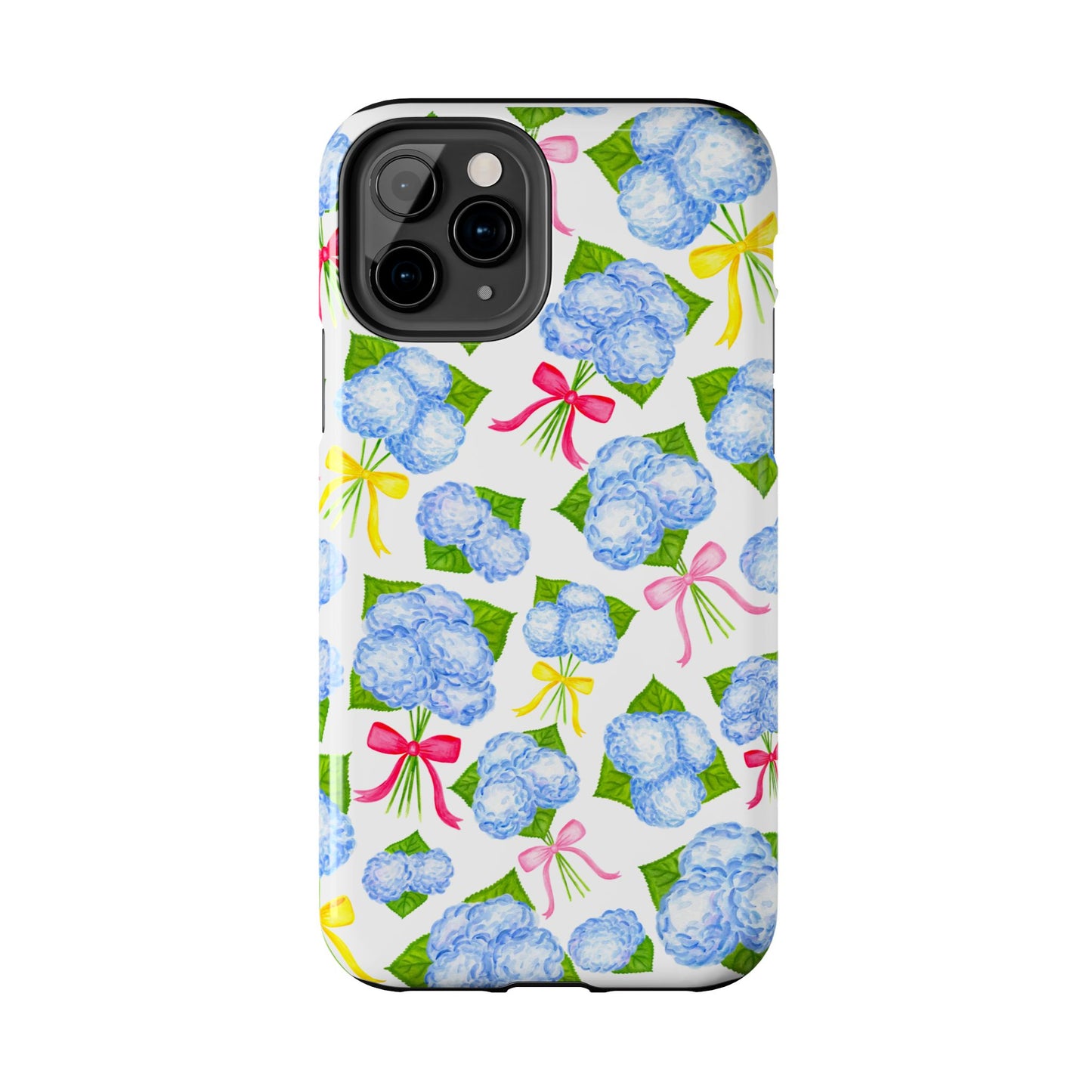 Blue Watercolor Hydrangea Bunches with Hot Pink, Yellow, Light Pink Bows Illustrated Patterned Tough Phone Case | Various Models