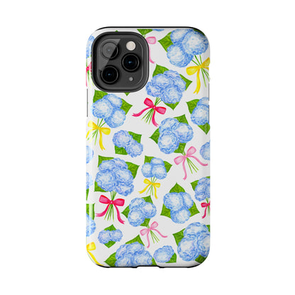 Blue Watercolor Hydrangea Bunches with Hot Pink, Yellow, Light Pink Bows Illustrated Patterned Tough Phone Case | Various Models