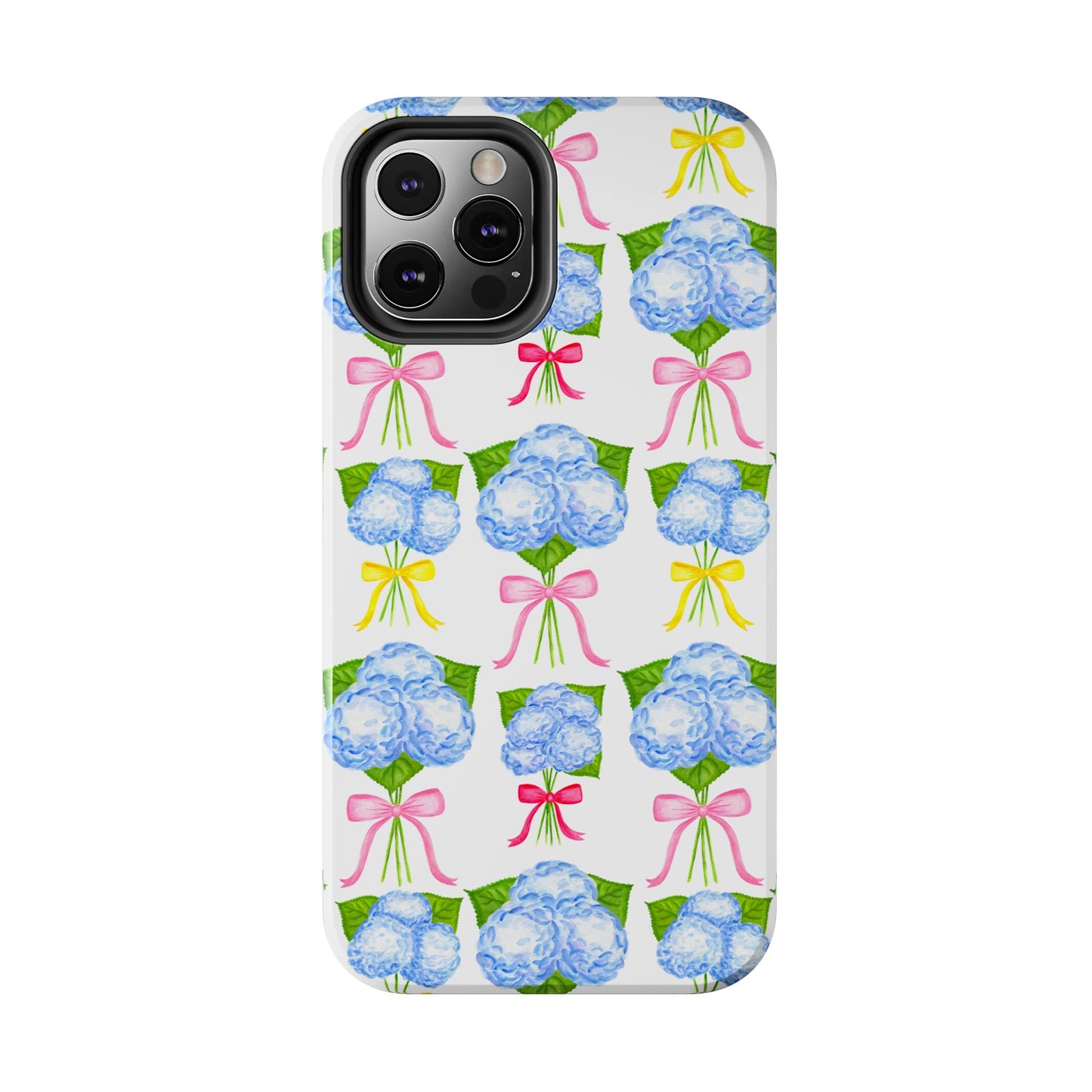 Blue Hydrangeas with Hot Pink, Yellow, Light Pink Bows Watercolor Illustrated Patterned Tough Phone Case | Various Models