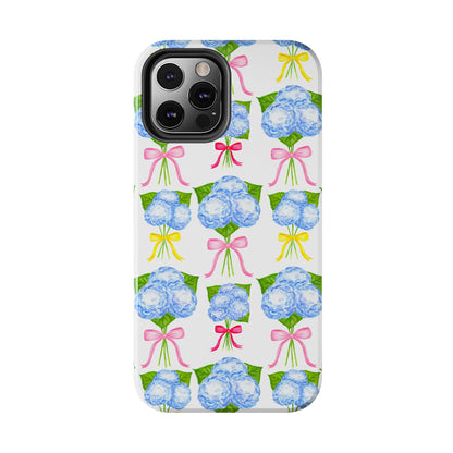 Blue Hydrangeas with Hot Pink, Yellow, Light Pink Bows Watercolor Illustrated Patterned Tough Phone Case | Various Models