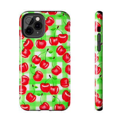 Red Tossed Cherries Green Gingham Watercolor Illustrated Tough Phone Case | Various Models Available
