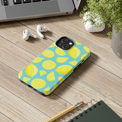 Bright Yellow Lemons Watercolor Illustrated Tossed Pattern Turquoise Blue Tough Phone Case | Various Models