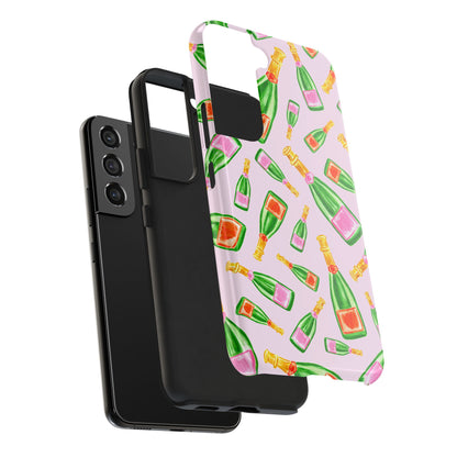 Tossed Pink and Green & Orange and Green Watercolor Illustrated Champagne Bottles Pattern Blush Pink Tough Phone Case | Various Models