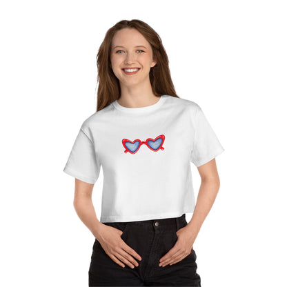 Red White & Blue Heart Shaped Glasses Printed Champion Women's Heritage Cropped T-Shirt