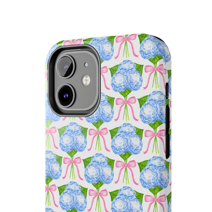Blue Watercolor Hydrangea Bouqets with Light Pink Bows Watercolor Illustrated Patterned Tough Phone Case | Various Models