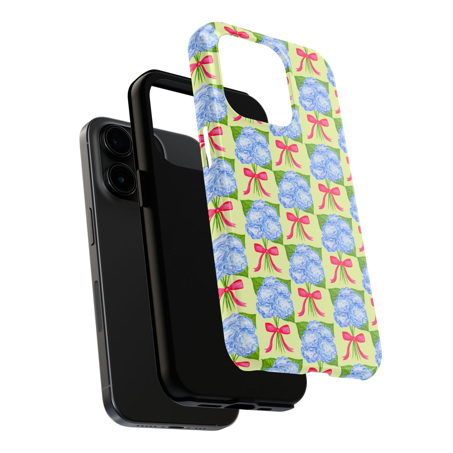 Blue Watercolor Hydrangea Bouquets with Hot Pink Bows Illustrated Patterned Yellow Preppy Grand Millenial Tough Phone Case | Various Models