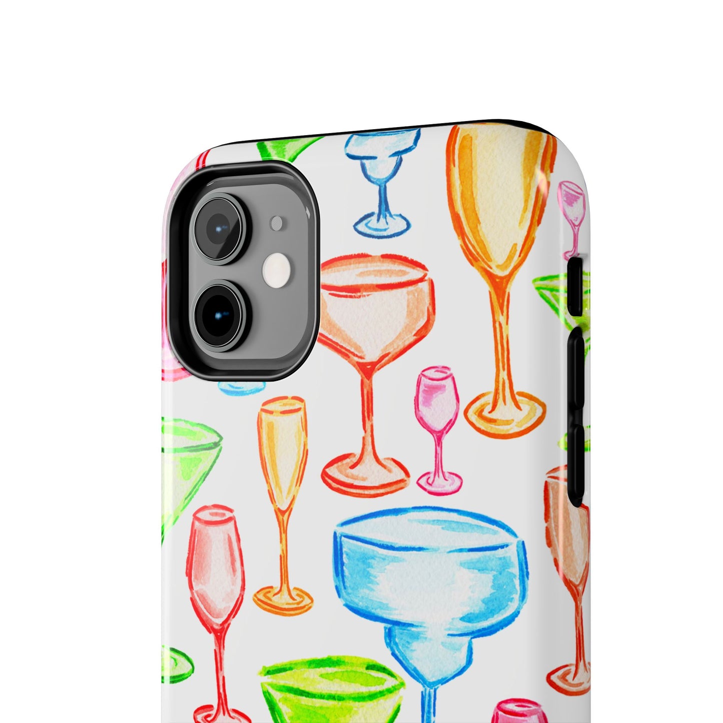 Monochromatic Margarita, Wine, Martini, and Champagne Flute Cocktail Glasses Watercolor Illustrated Tough Phone Case | Various Models Available