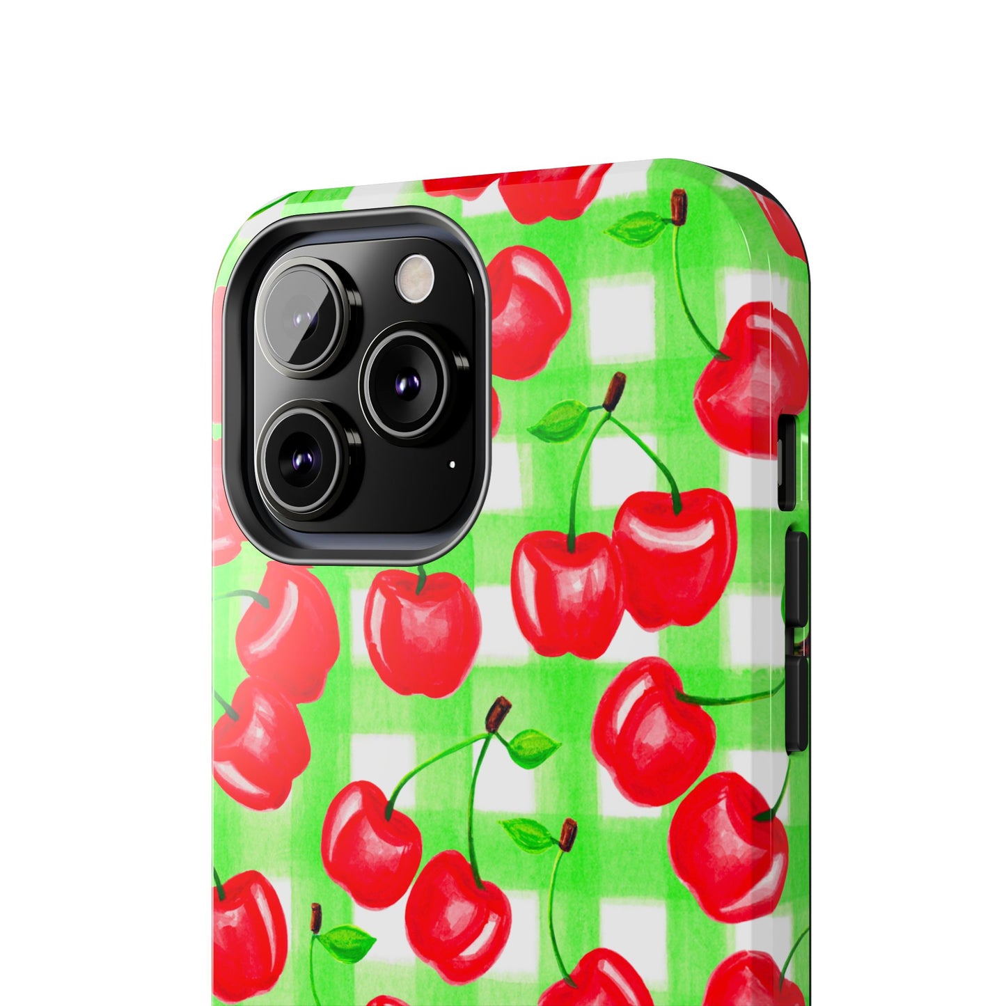 Red Tossed Cherries Green Gingham Watercolor Illustrated Tough Phone Case | Various Models Available