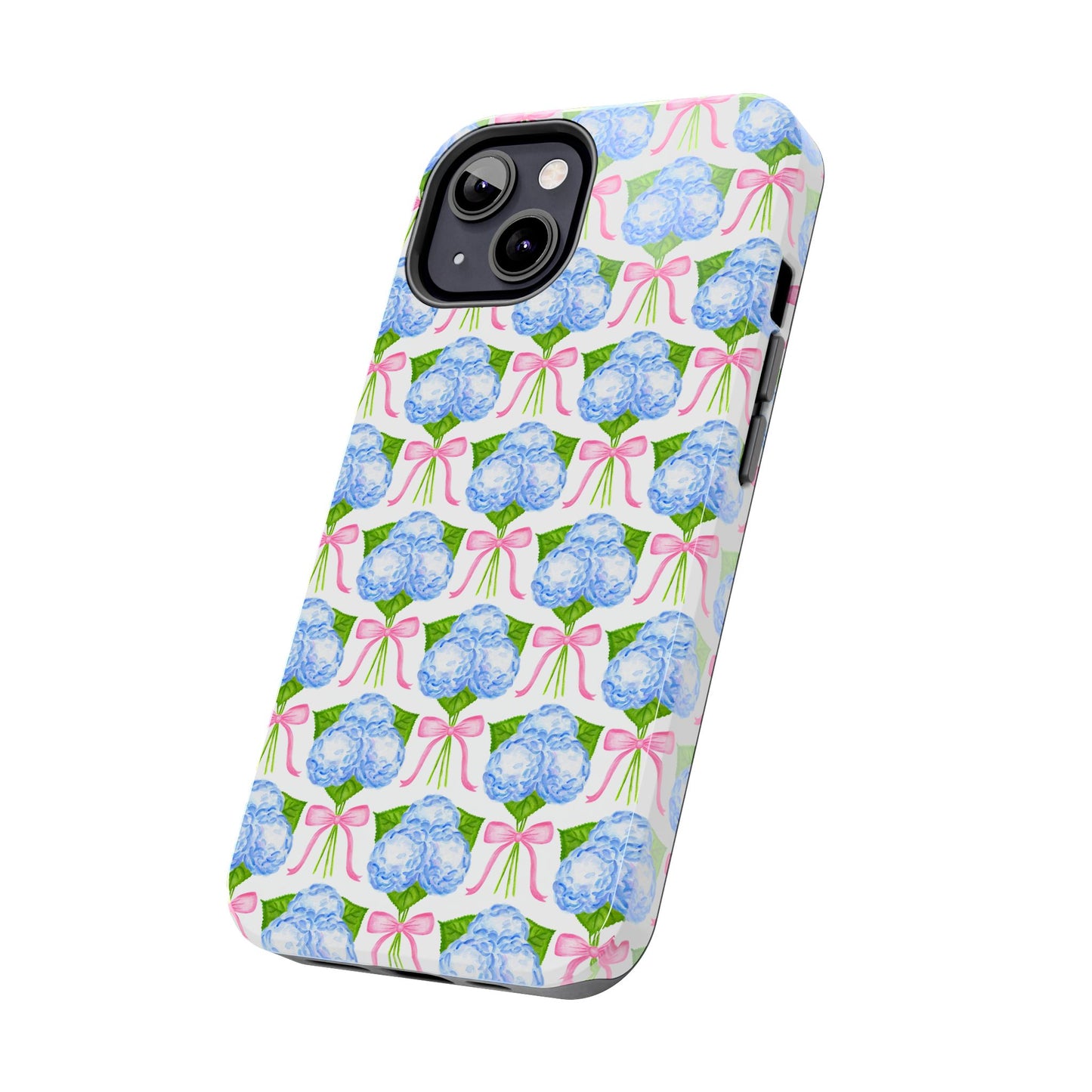 Blue Watercolor Hydrangea Bouqets with Light Pink Bows Watercolor Illustrated Patterned Tough Phone Case | Various Models