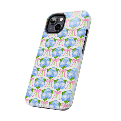 Blue Watercolor Hydrangea Bouqets with Light Pink Bows Watercolor Illustrated Patterned Tough Phone Case | Various Models