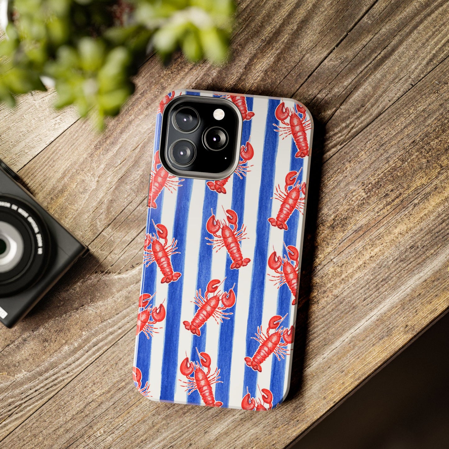 Blue & White Strip Red Lobster Watercolor Patterned Phone Case | Various Models