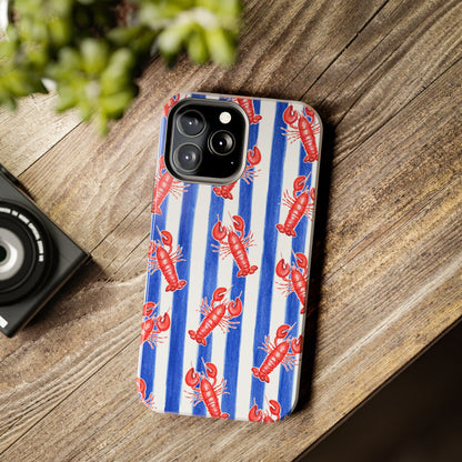 Blue & White Strip Red Lobster Watercolor Patterned Phone Case | Various Models