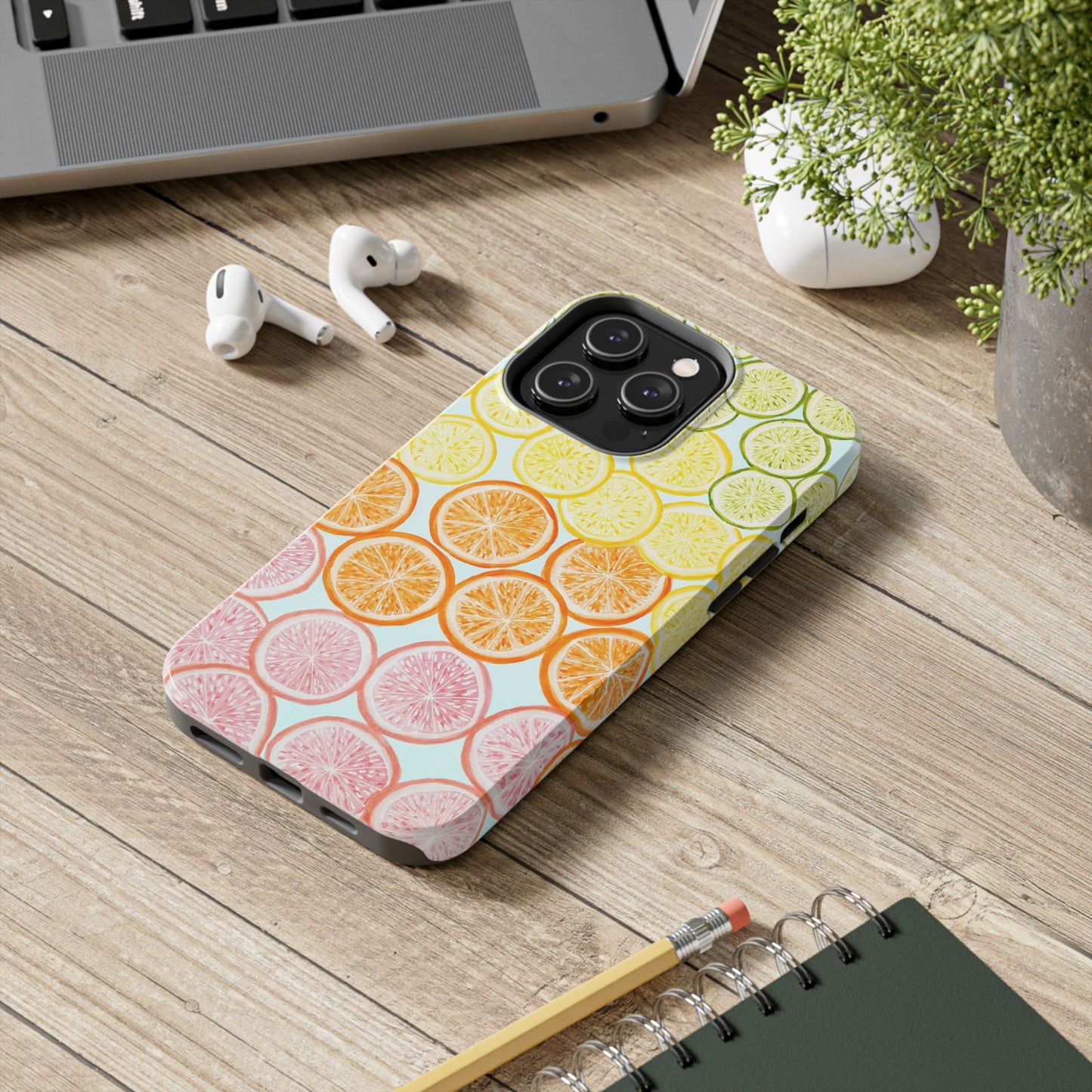 Ombré Citrus Grapefruit, Oranges, Lemons, & Limes Watercolor Illustrated Light Blue Tough Phone Case | Various Models Available