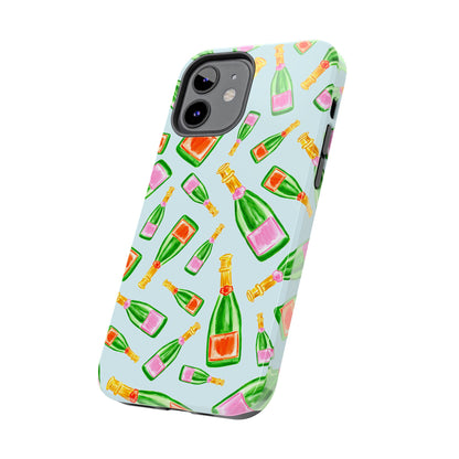 Tossed Pink and Green & Orange and Green Watercolor Illustrated Champagne Bottles Pattern Light Blue Tough Phone Case | Various Models