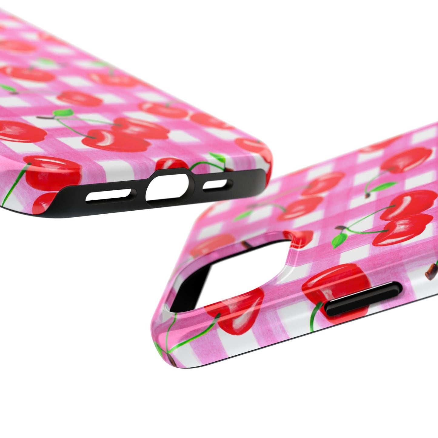 Tossed Red Watercolor Cherries Illustrated Pattern Light Pink Gingham Tough Phone Case | Various Models