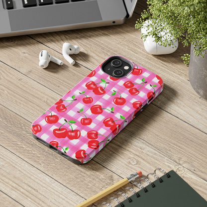 Tossed Red Watercolor Cherries Illustrated Pattern Light Pink Gingham Tough Phone Case | Various Models