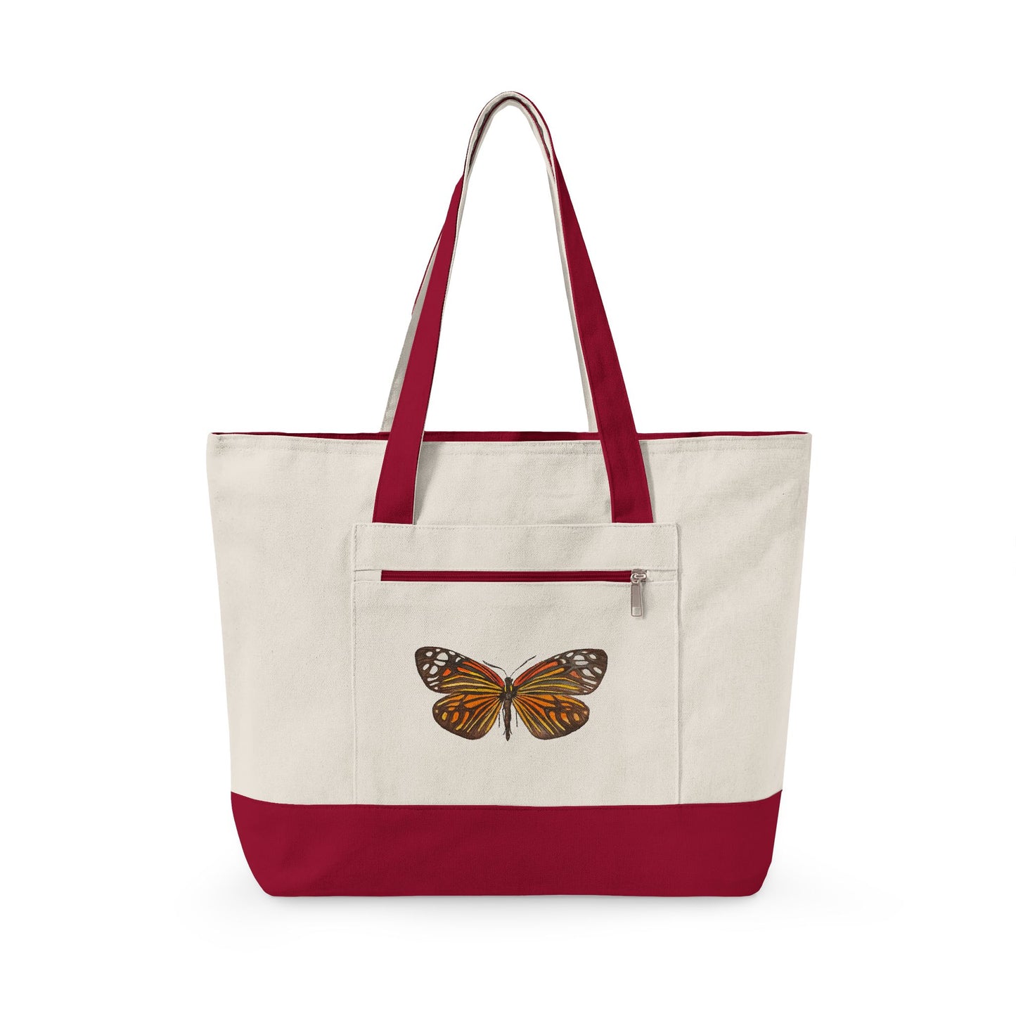 Orange & Black Watercolor Butterfly Printed Zippered Canvas Tote 18" x 14" | Various Colors 18" x 14" x 4.5" Natural Red