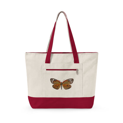 Orange & Black Watercolor Butterfly Printed Zippered Canvas Tote 18" x 14" | Various Colors 18" x 14" x 4.5" Natural Red