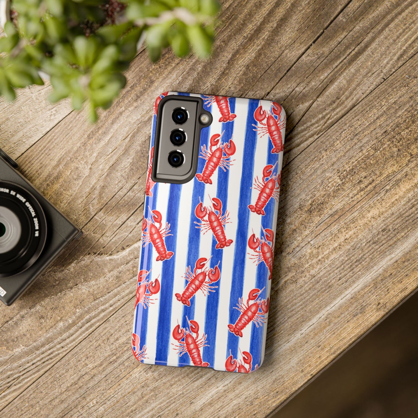 Blue & White Strip Red Lobster Watercolor Patterned Phone Case | Various Models