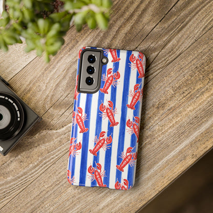 Blue & White Strip Red Lobster Watercolor Patterned Phone Case | Various Models