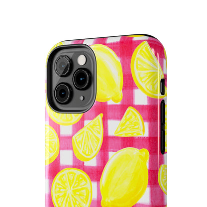 Yellow Lemons & Hot Pink Gingham Watercolor Illustrated Tough Phone Case | Various Models Available