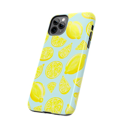 Bright Yellow Lemons Watercolor Illustrated Tossed Pattern Light Blue Tough Phone Case | Various Models