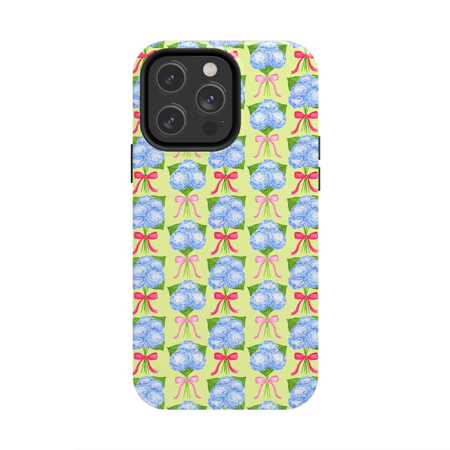 Watercolor Blue Hydrangea Bouquets with Hot Pink and Light Pink Bow Ribbons Illustrated Pattern Yellow Tough Phone Case | Various Models