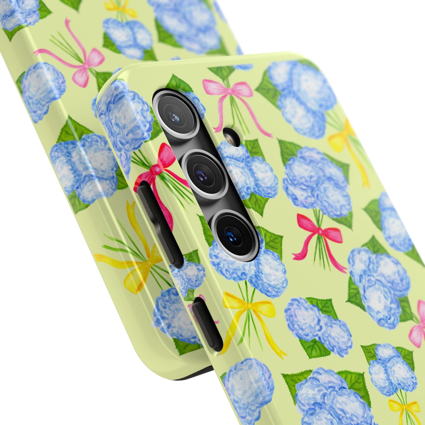 Blue Watercolor Hydrangea Bunches with Hot Pink, Yellow, Light Pink Bows Illustrated Patterned Yellow Tough Phone Case | Various Models