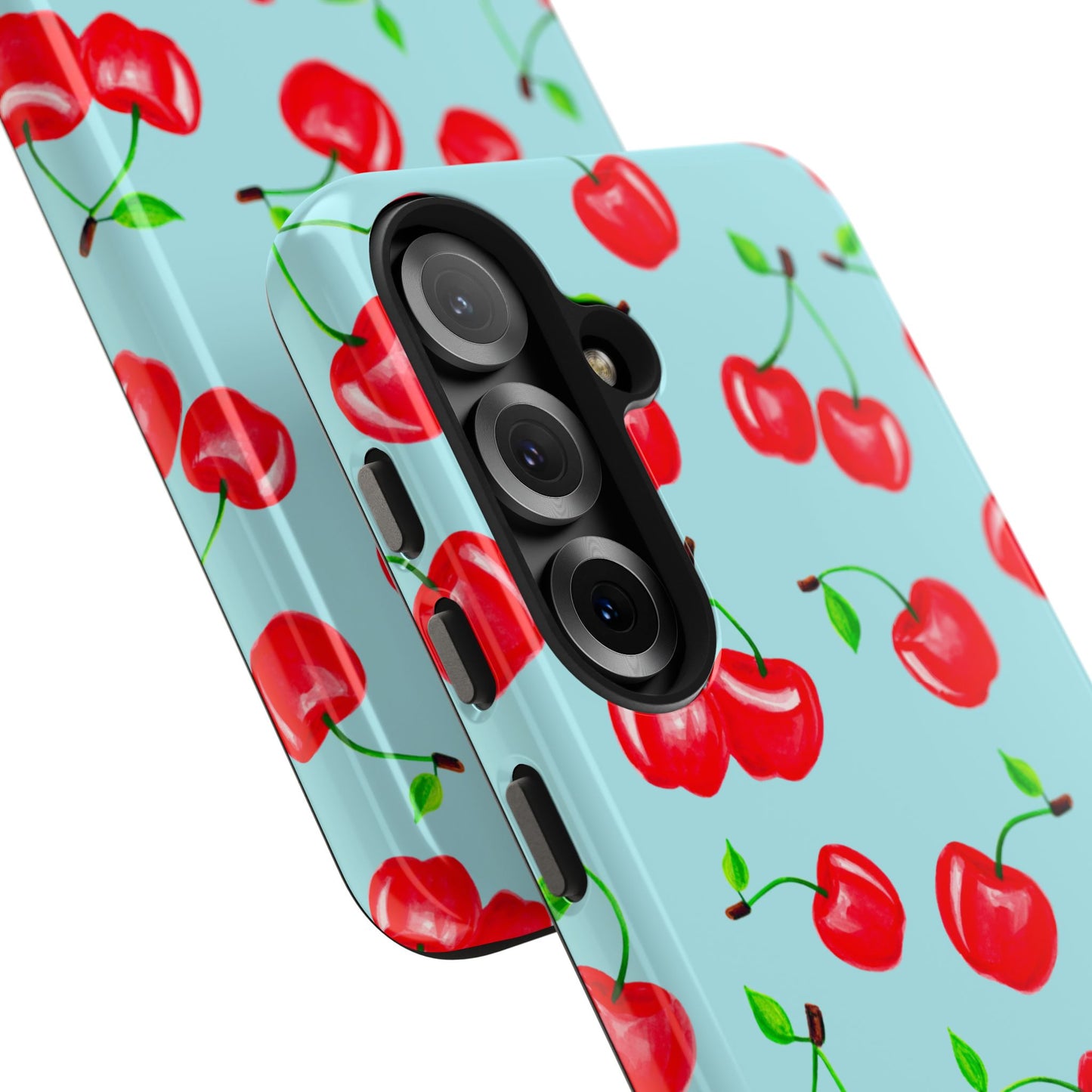 Tossed Red Watercolor Cherries Illustrated Pattern Bright Blue Tough Phone Case | Various Models