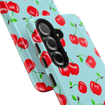 Tossed Red Watercolor Cherries Illustrated Pattern Bright Blue Tough Phone Case | Various Models