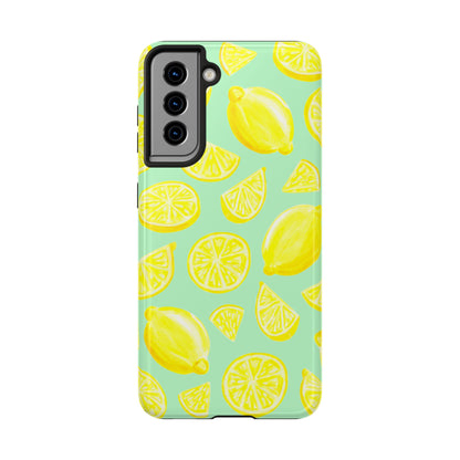 Bright Yellow Lemons Watercolor Illustrated Tossed Pattern Mint Green Tough Phone Case | Various Models