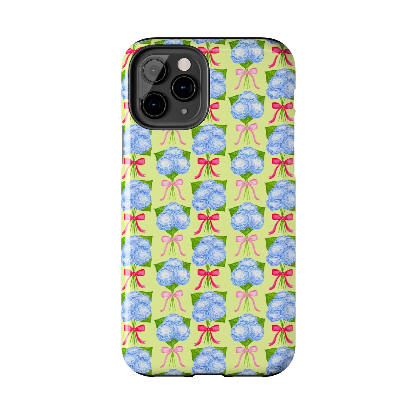 Watercolor Blue Hydrangea Bouquets with Hot Pink and Light Pink Bow Ribbons Illustrated Pattern Yellow Tough Phone Case | Various Models