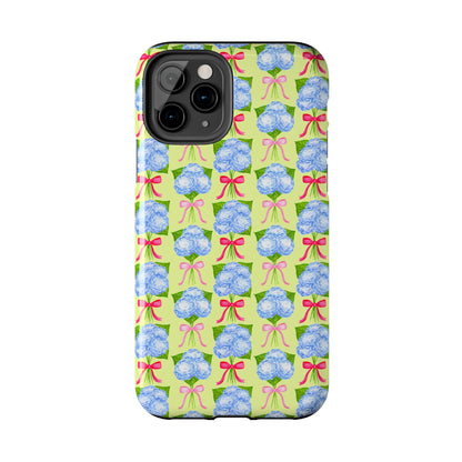 Watercolor Blue Hydrangea Bouquets with Hot Pink and Light Pink Bow Ribbons Illustrated Pattern Yellow Tough Phone Case | Various Models