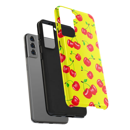 Tossed Red Watercolor Cherries Illustrated Pattern Bright Yellow Tough Phone Case | Various Models