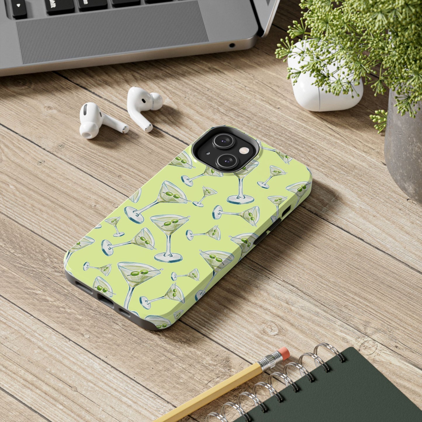 Watercolor Blue and Green Martinis Tossed Illustrated Pattern Yellow Tough Phone Case | Various Models