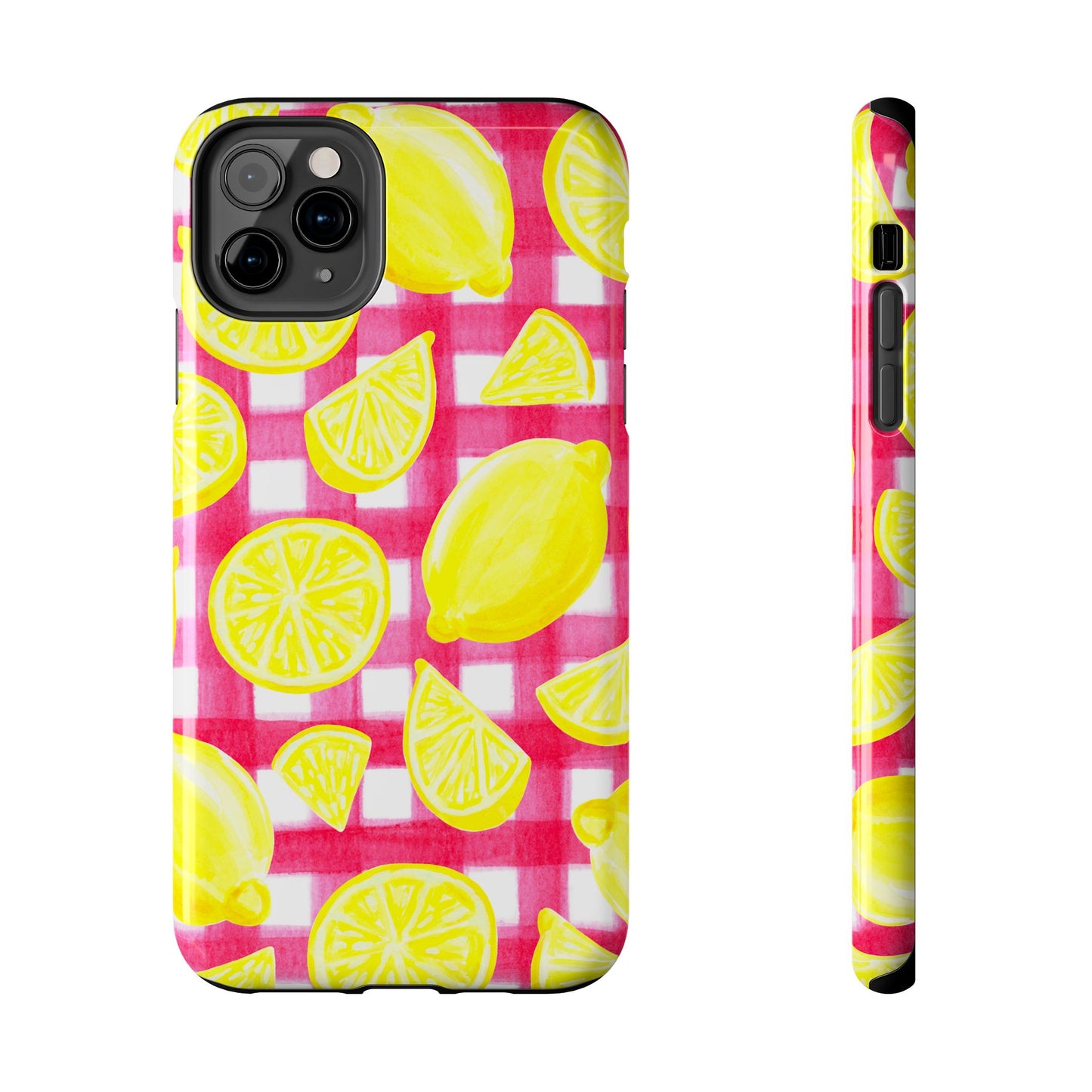 Yellow Lemons & Hot Pink Gingham Watercolor Illustrated Tough Phone Case | Various Models Available