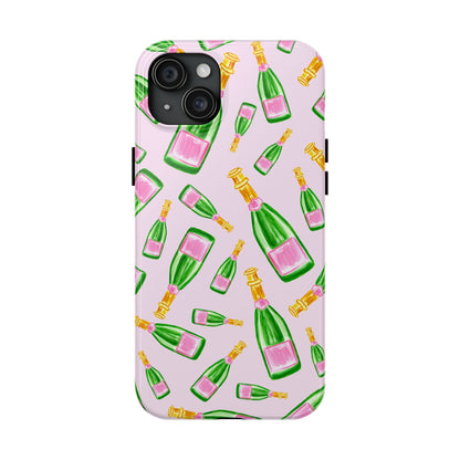 Tossed Pink and Green Watercolor Illustrated Champagne Bottles Pattern Blush Pink Tough Phone Case | Various Models