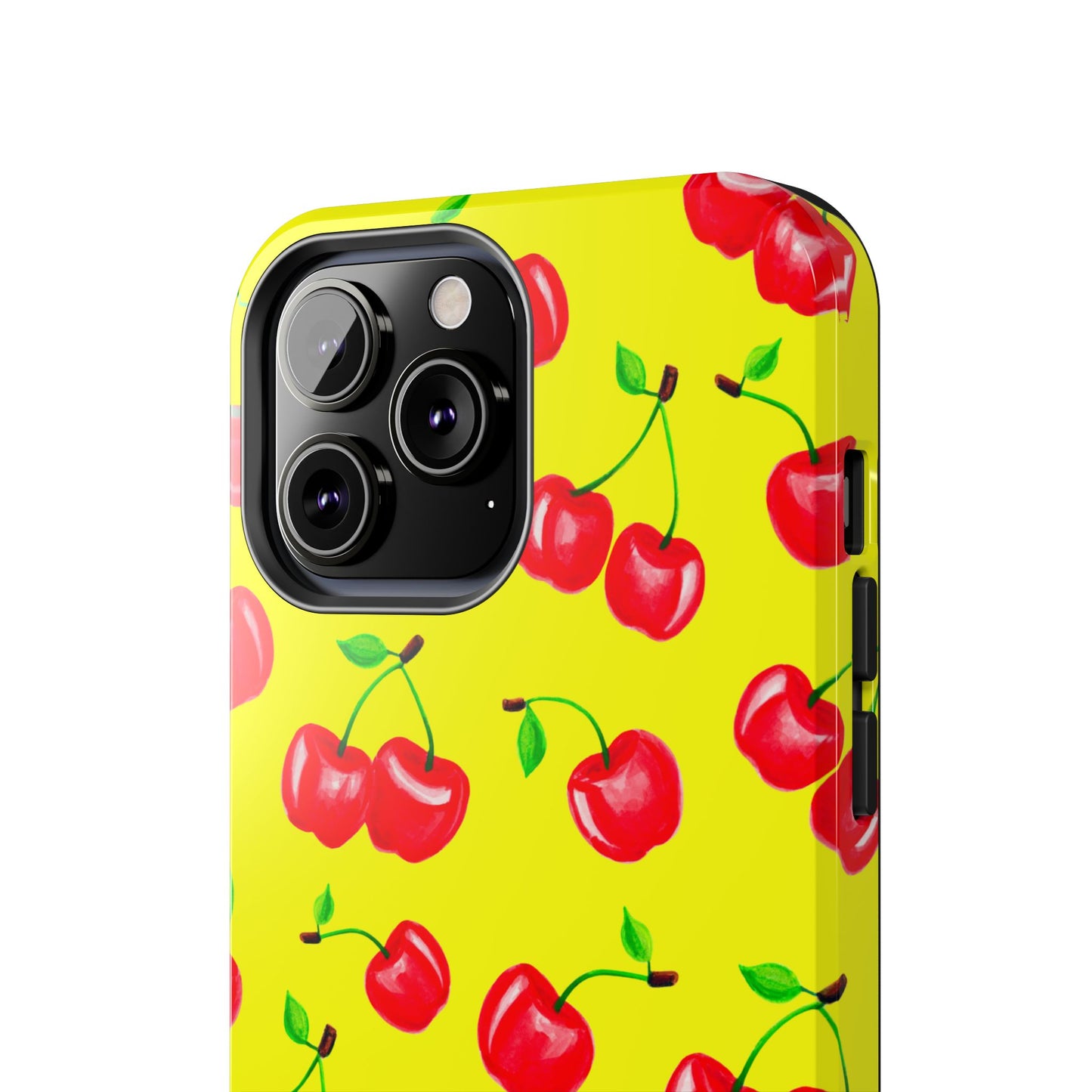 Tossed Red Watercolor Cherries Illustrated Pattern Bright Yellow Tough Phone Case | Various Models