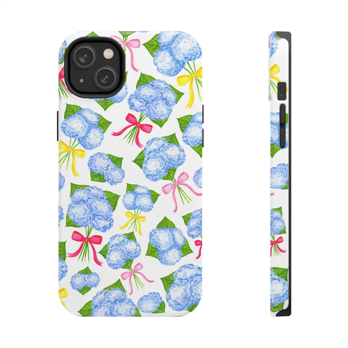 Blue Watercolor Hydrangea Bunches with Hot Pink, Yellow, Light Pink Bows Illustrated Patterned Tough Phone Case | Various Models