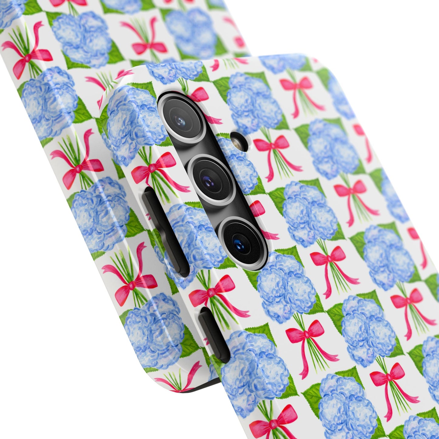 Blue Watercolor Hydrangea Bouquets with Hot Pink Bows Illustrated Patterned Tough Phone Case | Various Models