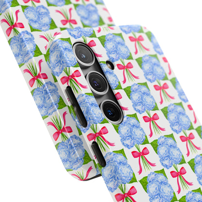 Blue Watercolor Hydrangea Bouquets with Hot Pink Bows Illustrated Patterned Tough Phone Case | Various Models